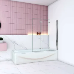 AICA Sanitaire Pare baignoire Chrome pivotant 180degrés à 3 volets L130xH140cm, 6mm verre anticalcaire et pose réversible ,style industriel