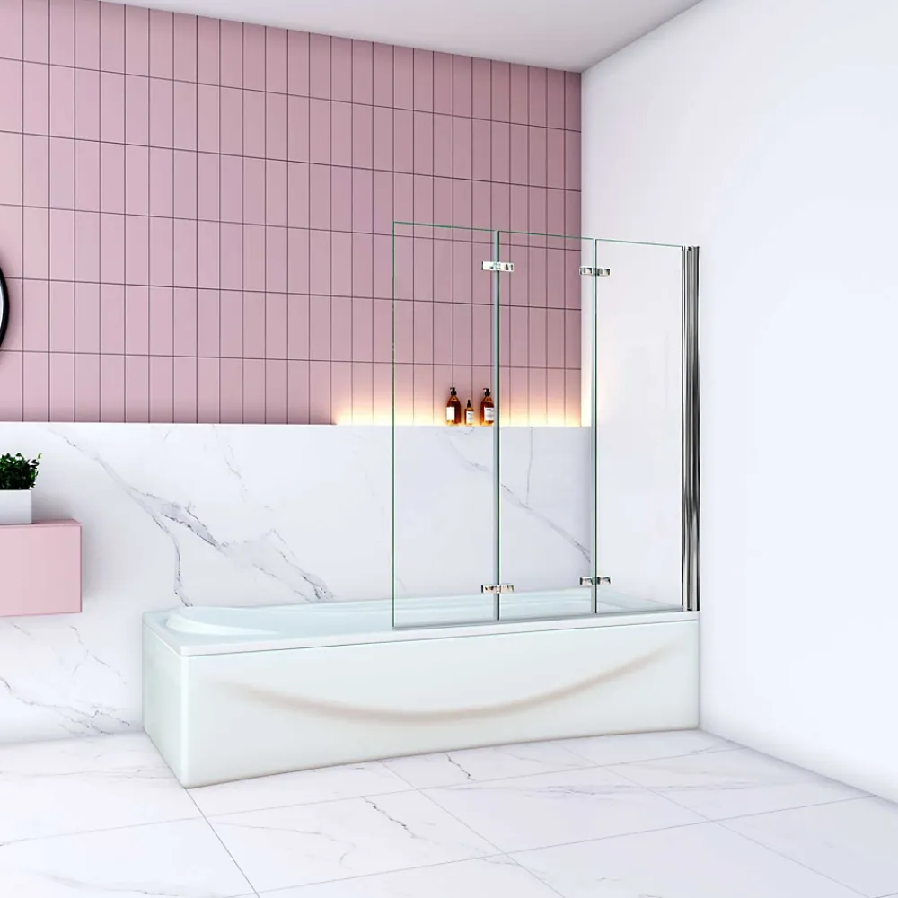 AICA Sanitaire Pare baignoire Chrome pivotant 180degrés à 3 volets L130xH140cm, 6mm verre anticalcaire et pose réversible ,style industriel