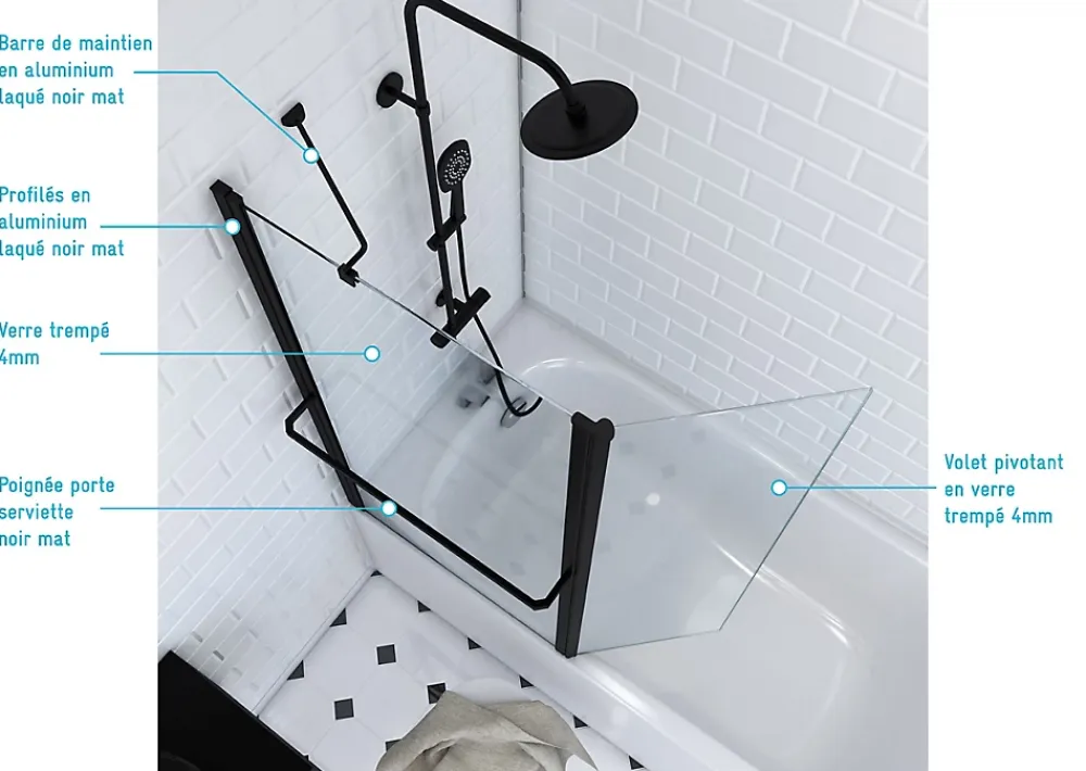 Pare-Baignoire|Galedo Pare baignoire Ibiza volet pivotant noir 130 x 105cm