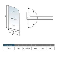 Pare-Baignoire|AICA Sanitaire Pare baignoire L.70 x H.130cm pivotant à 180 avec 2 étagères et porte-serviette - 5mm verre sécurit - Installation réversible