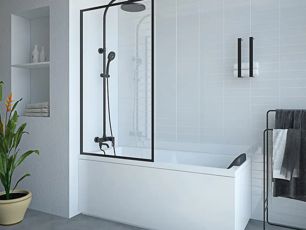 Vente-unique Pare baignoire noir mat style industriel - 80 x 140 cm - Verre trempé - BRADENTON