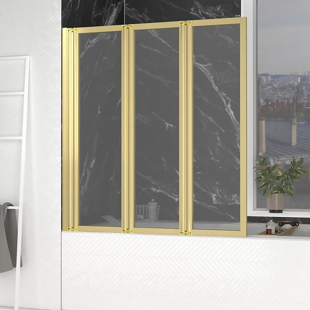 Aurlane Pare baignoire Pivotant 3 Volets Or Brossé - 125x143 cm - Verre Trempé 4 mm - ZAGGY GOLD