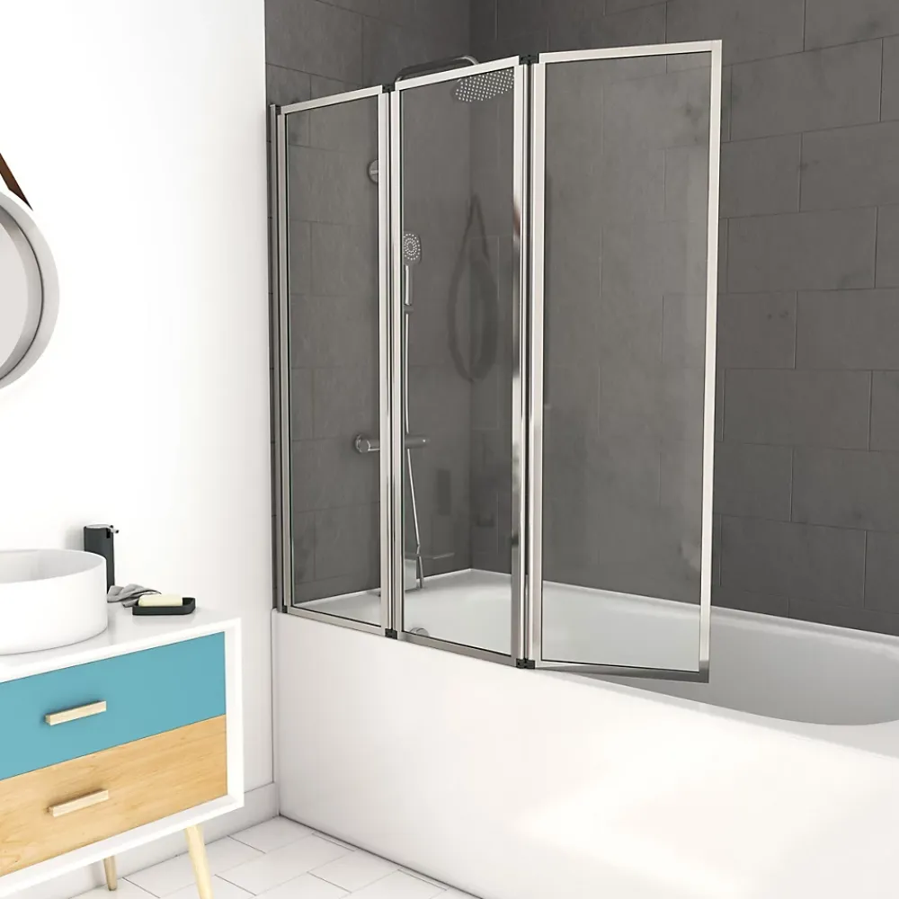 Aurlane Pare baignoire Pivotant 3 Volets Chrome - 125x143 cm - Verre Trempé 4 mm - ZAGGY CHROME