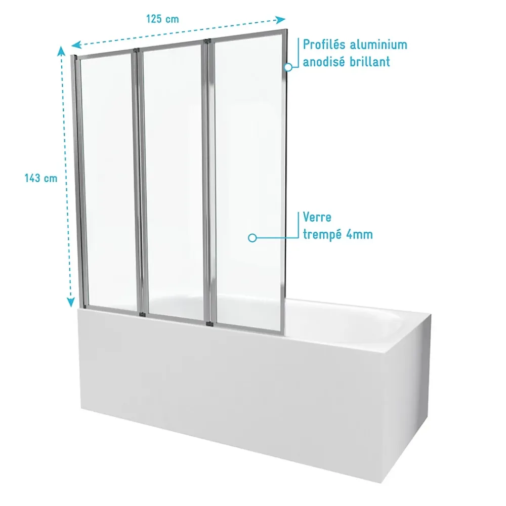 Aurlane Pare baignoire Pivotant 3 Volets Chrome - 125x143 cm - Verre Trempé 4 mm - ZAGGY CHROME