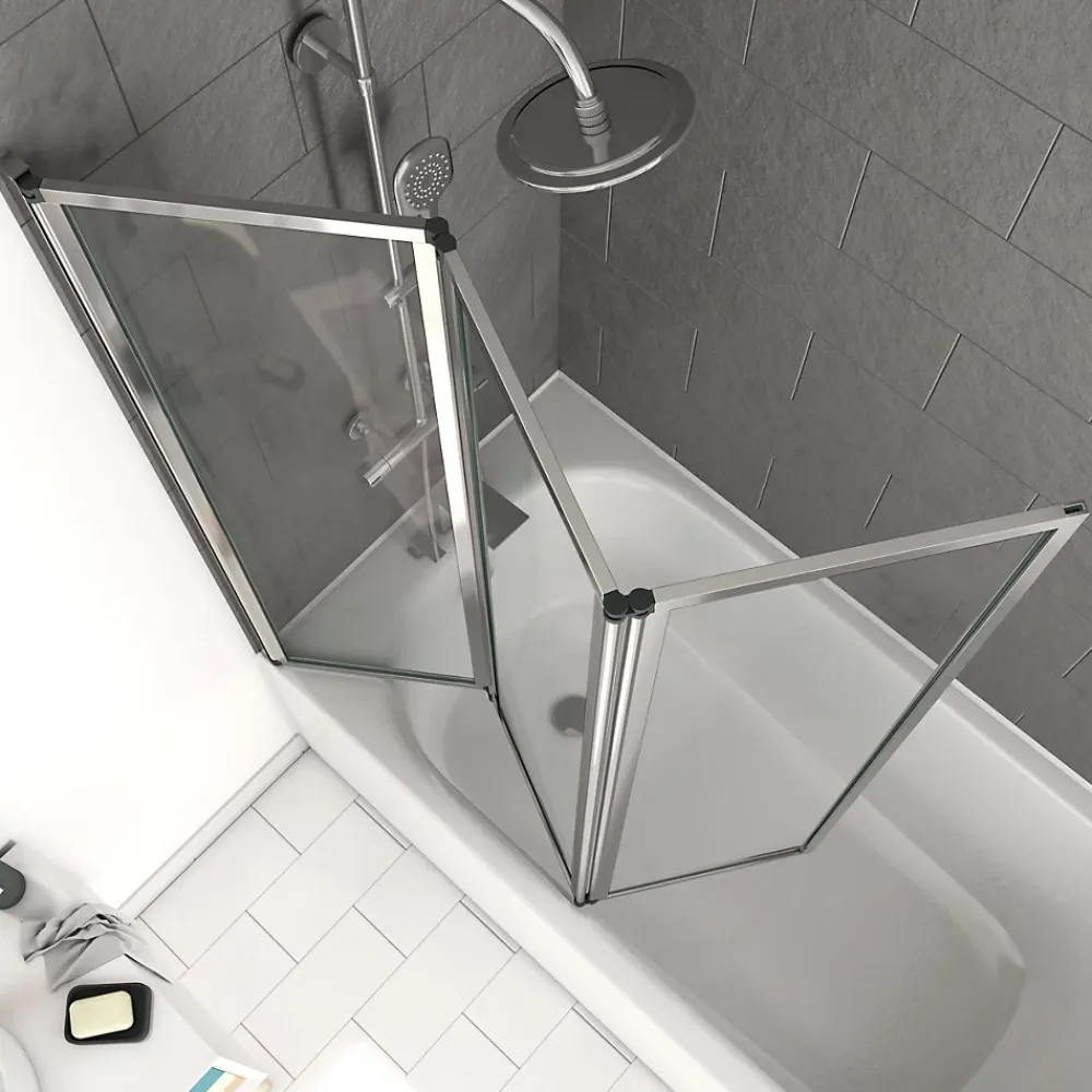 Aurlane Pare baignoire Pivotant 3 Volets Chrome - 125x143 cm - Verre Trempé 4 mm - ZAGGY CHROME