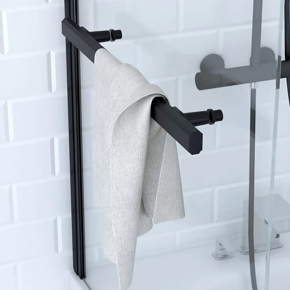 Pare-Baignoire|Aurlane Pare baignoire Pivotant avec Porte-Serviette 85x150cm - Profilé Noir - Verre 6mm - TSHAPE DARK