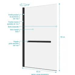 Pare-Baignoire|Aurlane Pare baignoire Pivotant avec Porte-Serviette 85x150cm - Profilé Noir - Verre 6mm - TSHAPE DARK