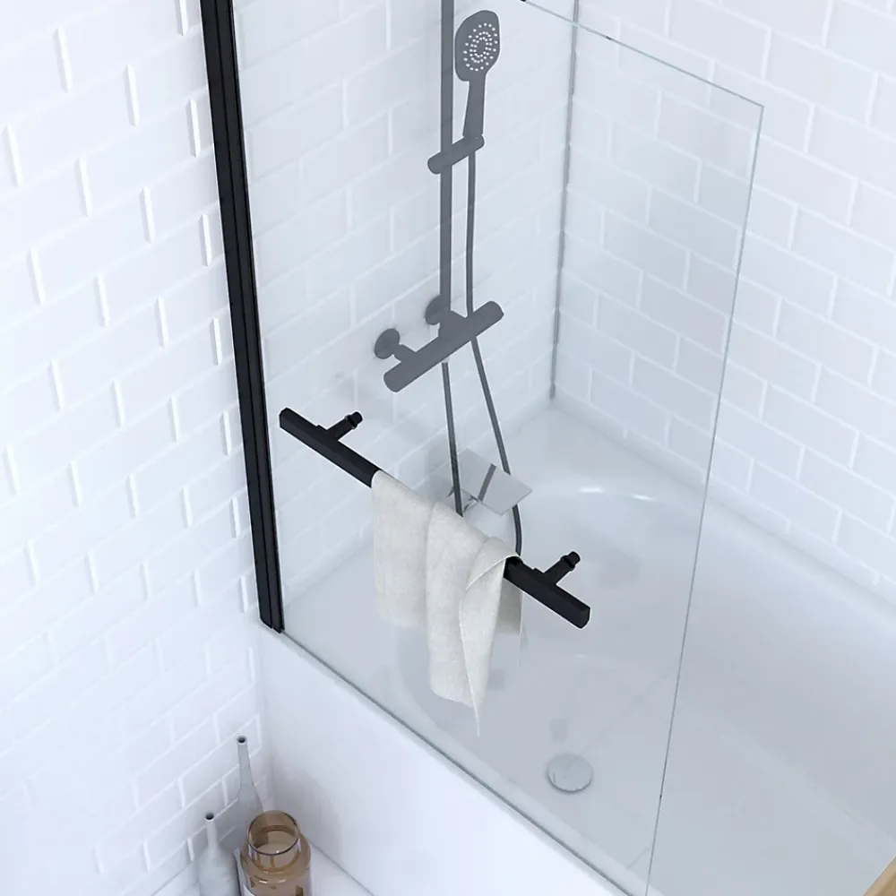 Pare-Baignoire|Aurlane Pare baignoire Pivotant avec Porte-Serviette 85x150cm - Profilé Noir - Verre 6mm - TSHAPE DARK