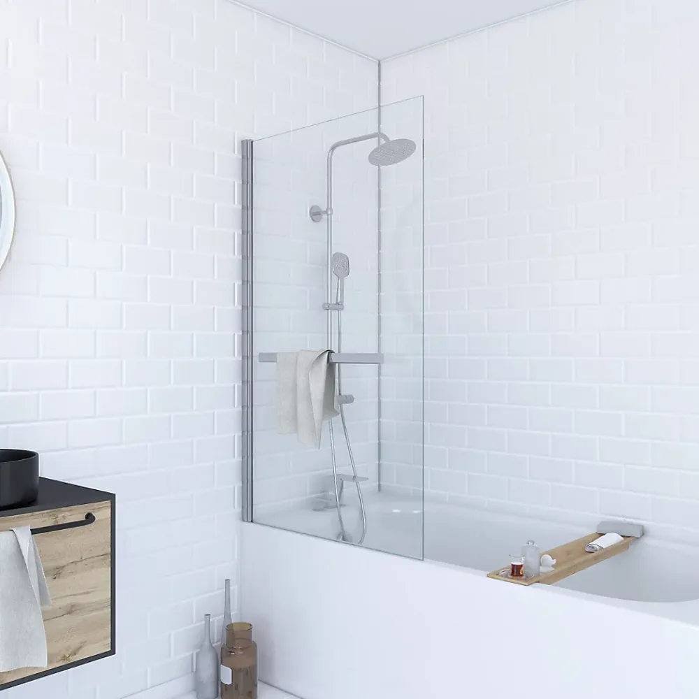 Pare-Baignoire|Aurlane Pare baignoire Pivotant avec Porte-Serviette 85x150cm - Profilé Chrome - Verre 6mm - TSHAPE CHROMED