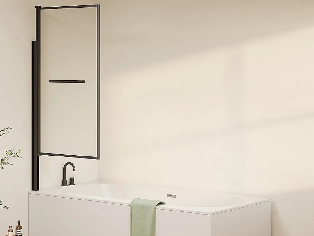 Pare-Baignoire|Vente-unique Pare baignoire pivotant et relevable avec porte serviette - Noir mat - 80 x 140 cm - VESLIRA