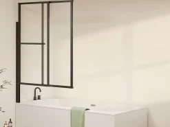 Pare-Baignoire|Vente-unique Pare baignoire pivotant et relevable avec porte serviette - Noir mat - 120 x 140 cm - VESLIRA