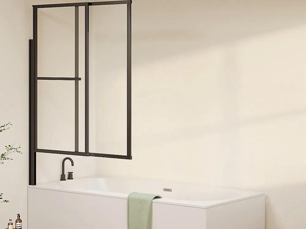 Pare-Baignoire|Vente-unique Pare baignoire pivotant et relevable avec porte serviette - Noir mat - 120 x 140 cm - VESLIRA
