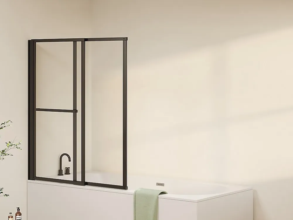 Pare-Baignoire|Vente-unique Pare baignoire pivotant et relevable avec porte serviette - Noir mat - 120 x 140 cm - VESLIRA