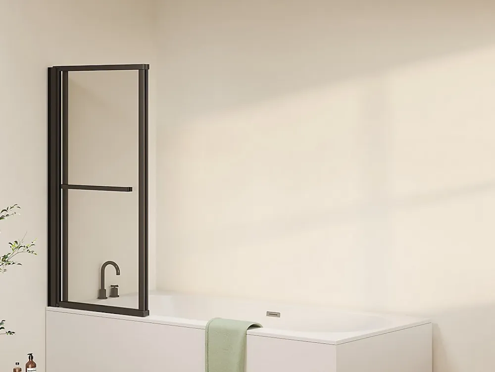 Pare-Baignoire|Vente-unique Pare baignoire pivotant et relevable avec porte serviette - Noir mat - 120 x 140 cm - VESLIRA