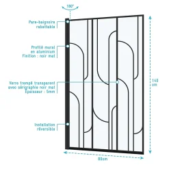 Galedo Pare baignoire pivotant l.80 x H.140 cm profilés noirs, Art Déco