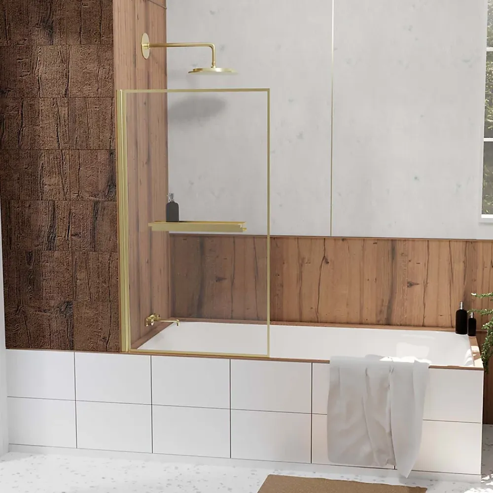 Pare-Baignoire|Galedo Pare baignoire pivotant l.80 x H.140 cm profilés doré brossé avec porte serviette et étagère, Edge