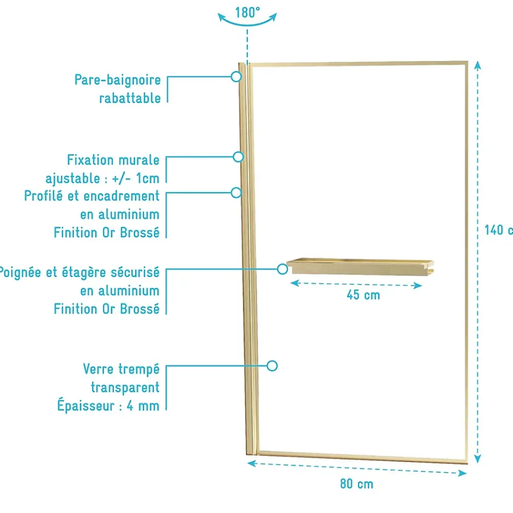 Pare-Baignoire|Galedo Pare baignoire pivotant l.80 x H.140 cm profilés doré brossé avec porte serviette et étagère, Edge