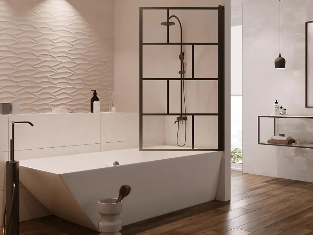 Vente-unique Pare baignoire pivotant style industriel - 80 x 140 cm - Noir mat - Verre - RIVANON