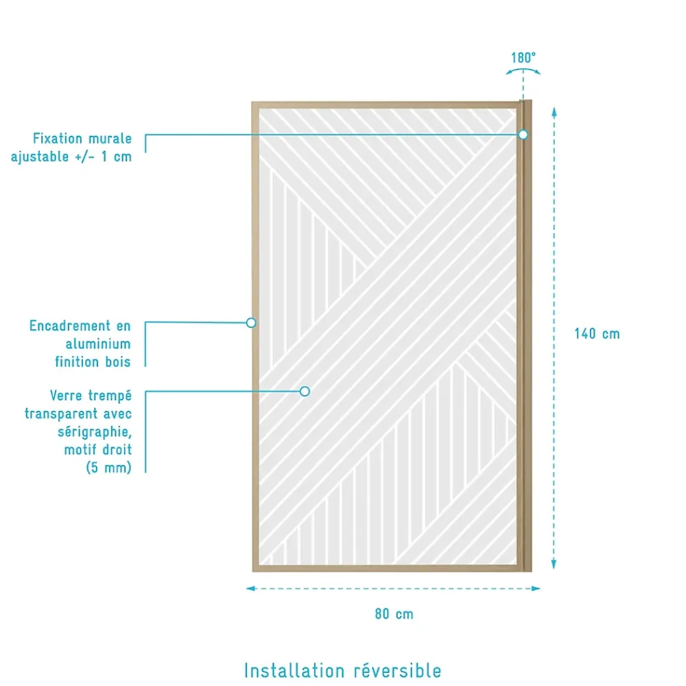 Aurlane Pare baignoire pivotant 140x80 cm HINATA - style Japandi géométrique - Cadre effet bois - Verre 5 mm