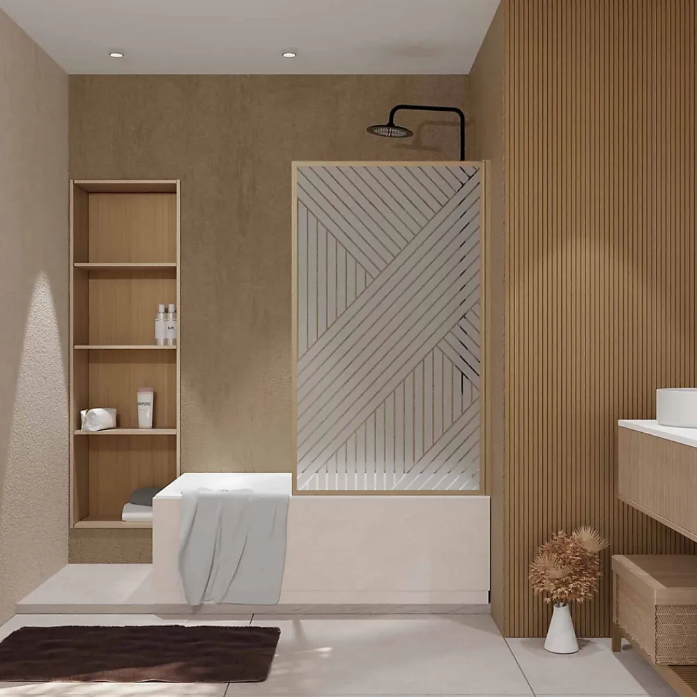 Aurlane Pare baignoire pivotant 140x80 cm HINATA - style Japandi géométrique - Cadre effet bois - Verre 5 mm