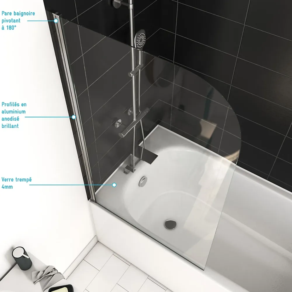 Pare-Baignoire|Aurlane Pare Baignoire Pivotant 130x75cm Profile Aluminium Chrome - VELA CHROME