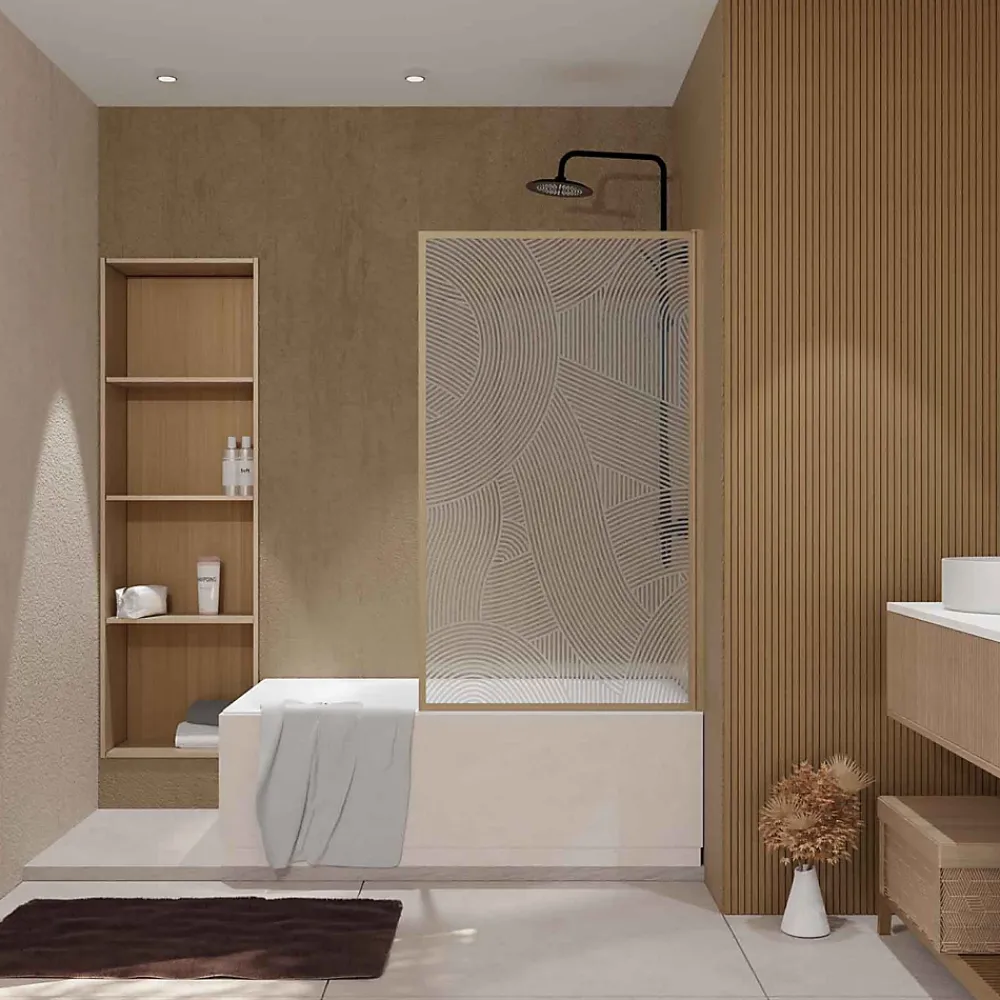 Pare-Baignoire|Aurlane Pare baignoire pivotant 140x80 cm HINATA - style Japandi courbes douces Cadre effet bois - Verre 5mm