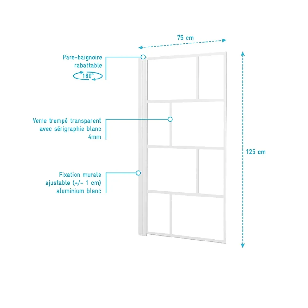 Aurlane Pare Baignoire Rabattable 75x125cm - Sérigraphie Briques Blanches - Verre Trempé 4mm