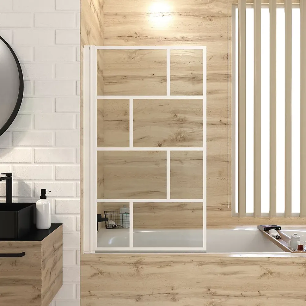 Aurlane Pare Baignoire Rabattable 75x125cm - Sérigraphie Briques Blanches - Verre Trempé 4mm