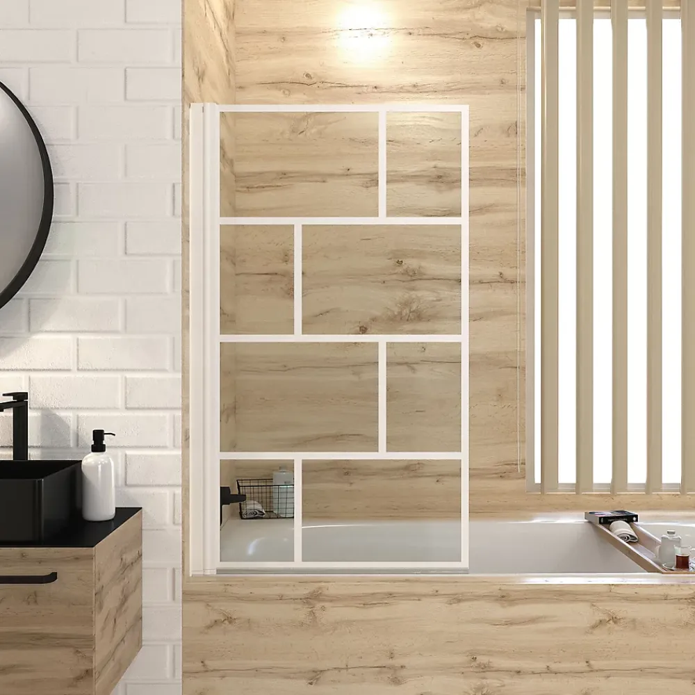 Aurlane Pare Baignoire Rabattable 80x140cm - Sérigraphie Briques Blanches - Verre Trempé 4mm