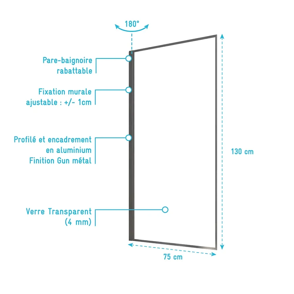 Aurlane Pare Baignoire Rabattable 75x130 cm - Aluminium Gun Metal et Verre Trempé 4 mm