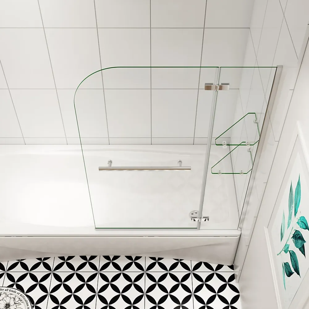 AICA Sanitaire pare baignoire 100x140cm paravent pivotant avec porte-serviette en inox et 2 étagères,5mm verre de sécurit,facile à pose