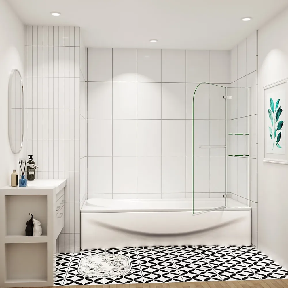 AICA Sanitaire pare baignoire 100x140cm paravent pivotant avec porte-serviette en inox et 2 étagères,5mm verre de sécurit,facile à pose