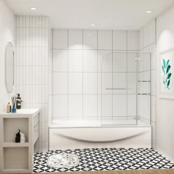 AICA Sanitaire pare baignoire 90x140cm paravent pivotant avec porte-serviette en inox et 2 étagères,5mm verre de sécurit,facile à pose