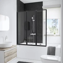 Schulte Pare-baignoire à coller pivotant 3 volets pliables, 127 x 140 cm, style verrière industrielle, verre transparent 3mm, profilé noir mat, Golf