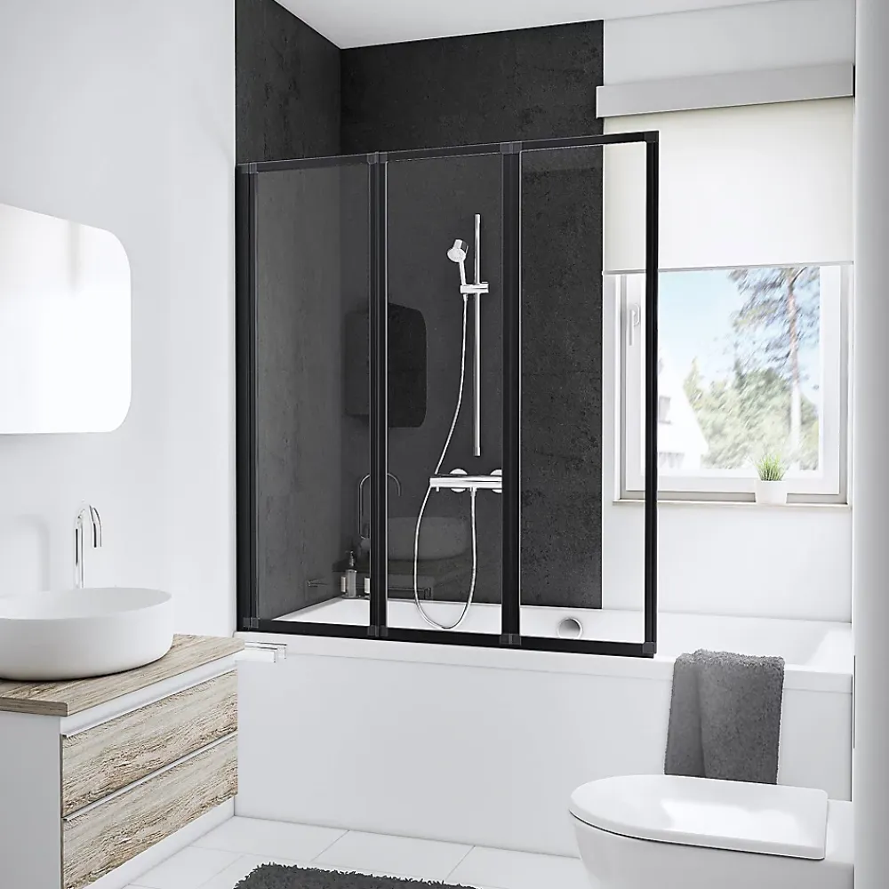 Schulte Pare-baignoire à coller pivotant 3 volets pliables, 127 x 140 cm, style verrière industrielle, verre transparent 3mm, profilé noir mat, Golf