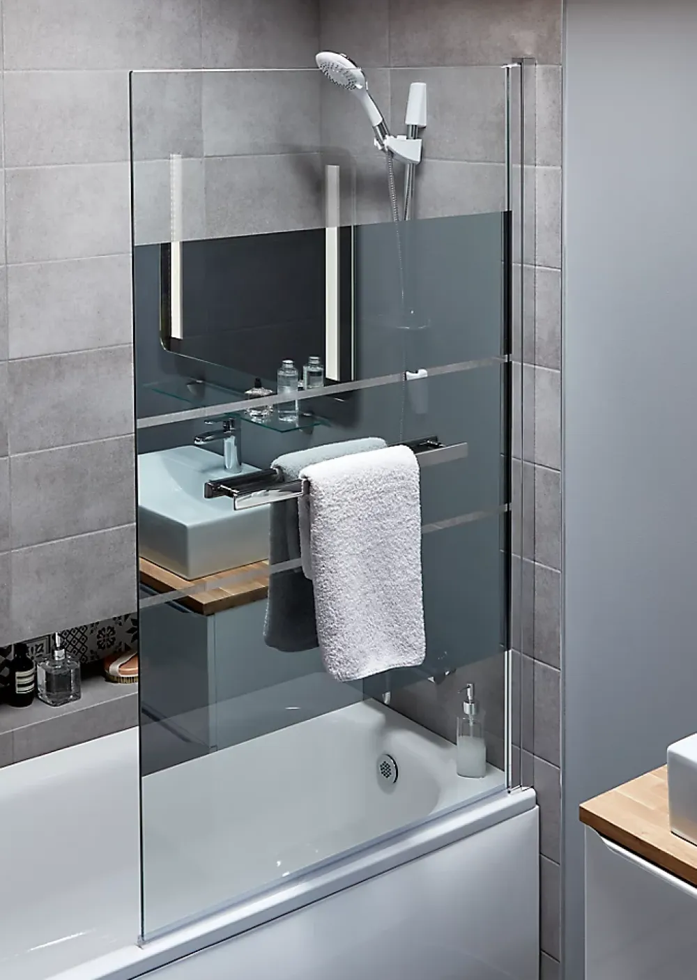 Pare-Baignoire|GoodHome Pare-baignoire 1 volet verre miroir anticalcaire Nubia H. 150 x l. 95 cm