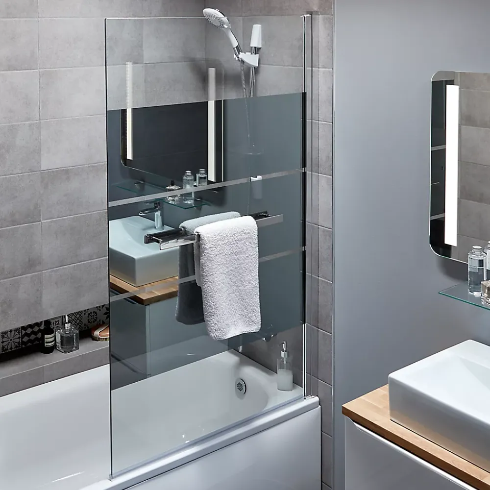 Pare-Baignoire|GoodHome Pare-baignoire 1 volet verre miroir anticalcaire Nubia H. 150 x l. 95 cm