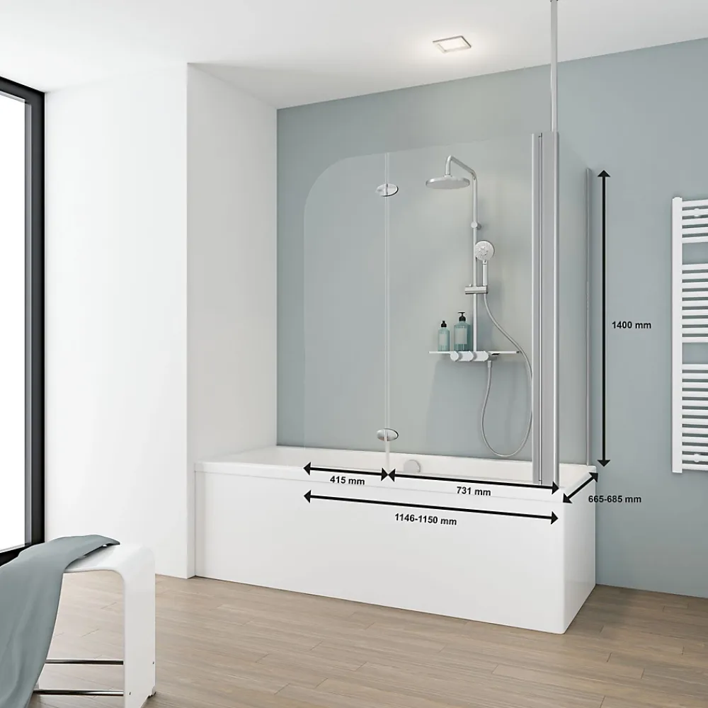 Schulte Pare-baignoire avec retour fixe - 70x115x140cm - rabattable - 2 volets pivotants - verre 5 mm - alu-argenté