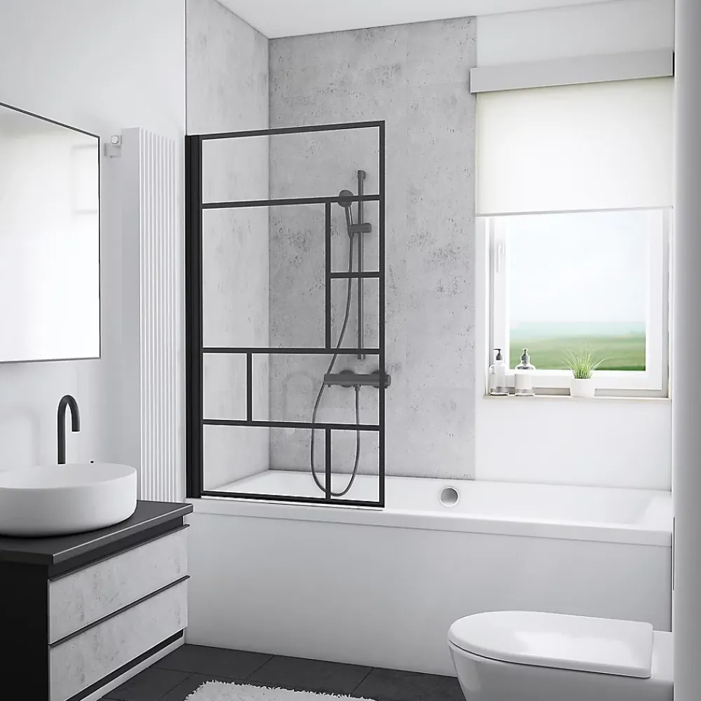 Schulte Pare-baignoire pivotant 1 volet, 80 x 140 cm, style verrière industrielle, verre transparent anticalcaire 5 mm, profilé noir mat, Atelier