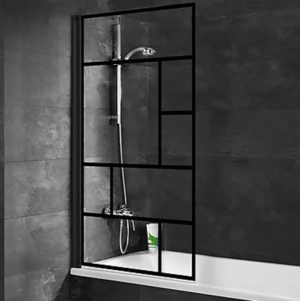 Schulte Pare-baignoire pivotant 1 volet, 80 x 140 cm, style verrière industrielle, verre transparent anticalcaire 5 mm, profilé noir mat, Atelier