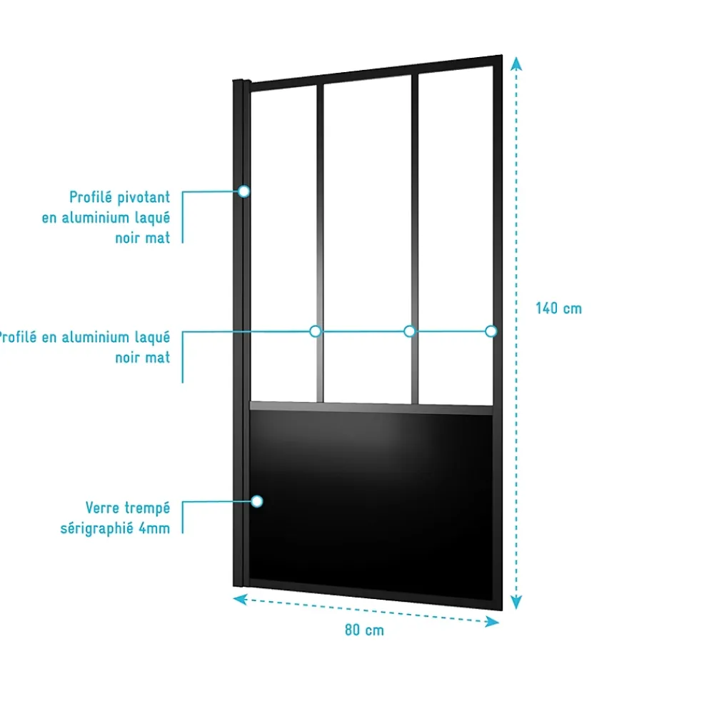 Pare-Baignoire|Galedo Pare-baignoire pivotant 140 x 80 cm, profilés alu noir mat, Indus