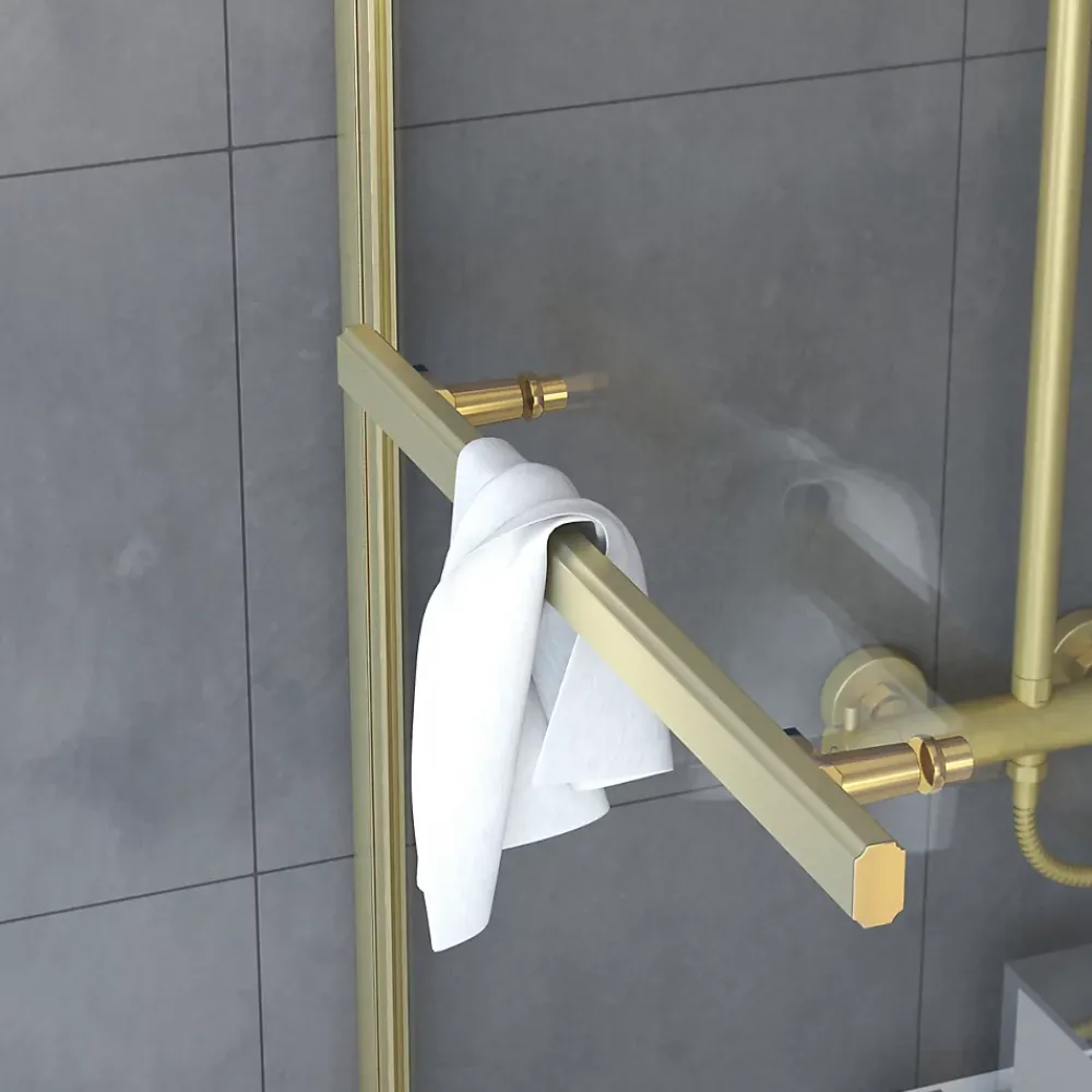 Galedo Pare-baignoire pivotant 150 x 85 cm, profilés alu doré brossé, porte-serviette, Prime