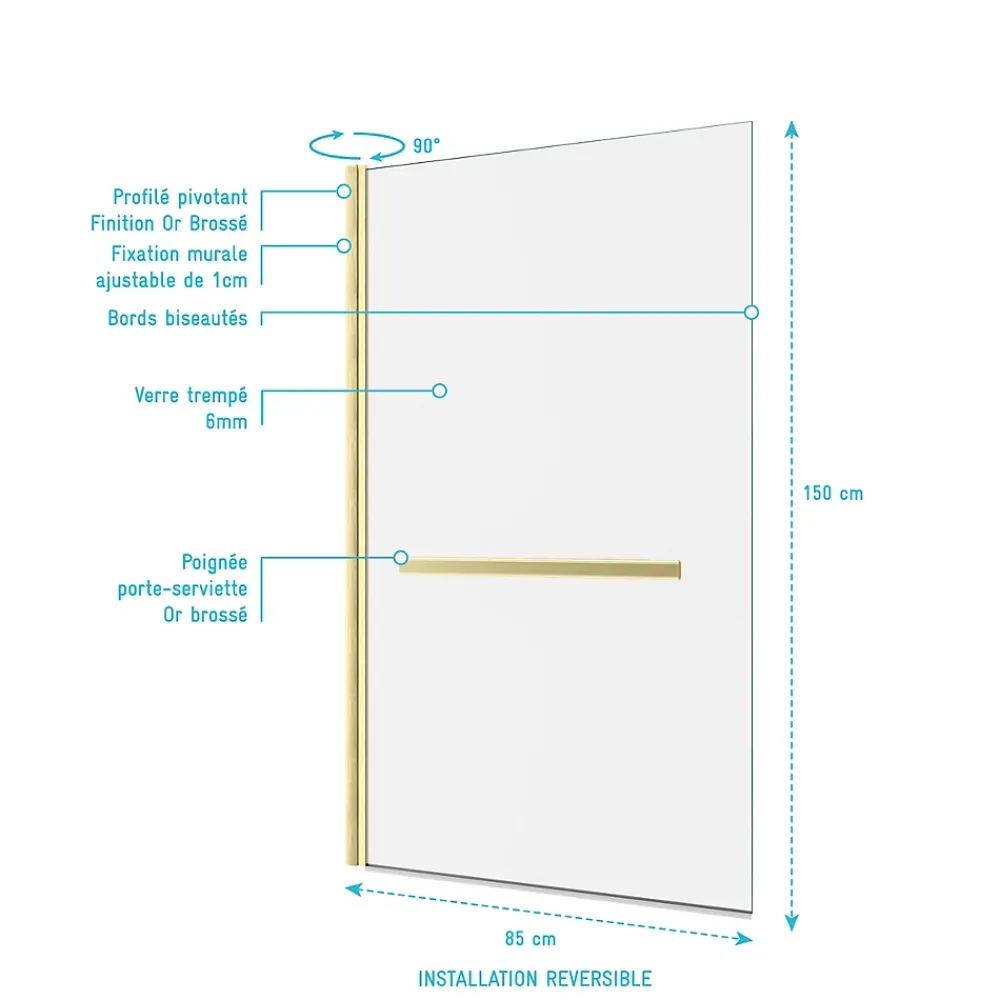 Galedo Pare-baignoire pivotant 150 x 85 cm, profilés alu doré brossé, porte-serviette, Prime