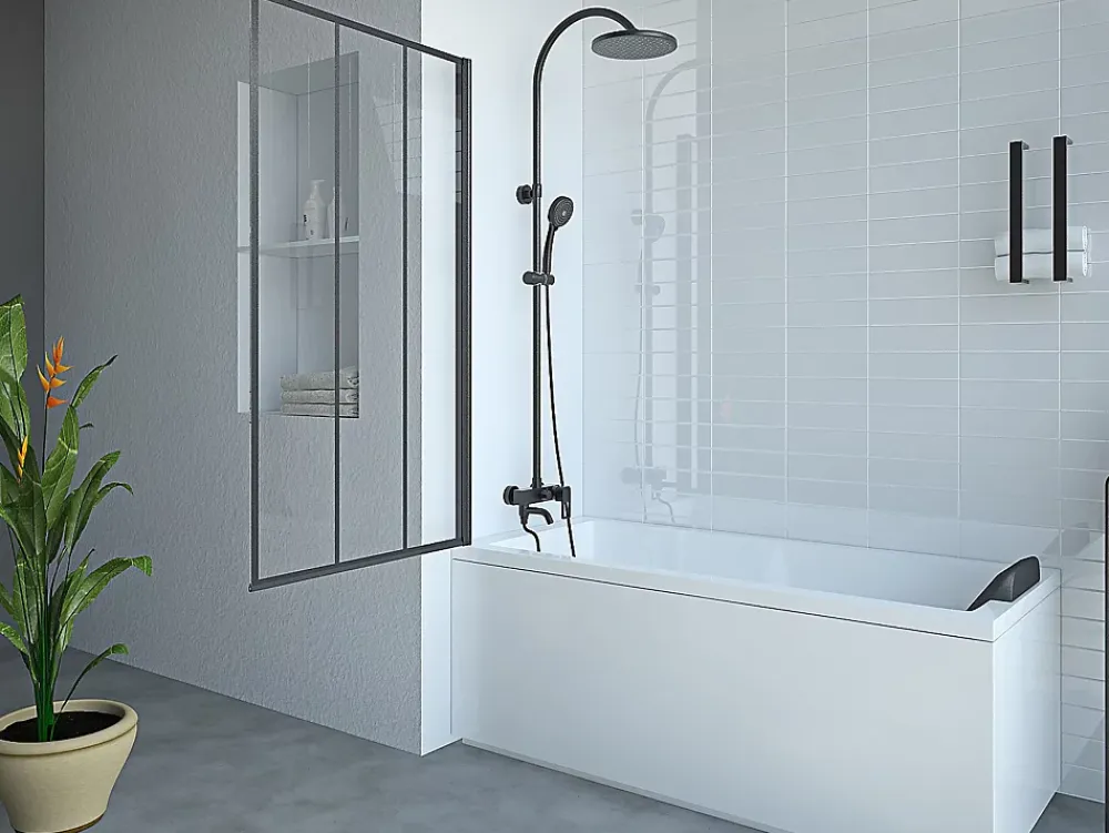 Pare-Baignoire|Vente-unique Pare-baignoire pivotant noir mat look atelier - 80 x 140 cm - DOLANA