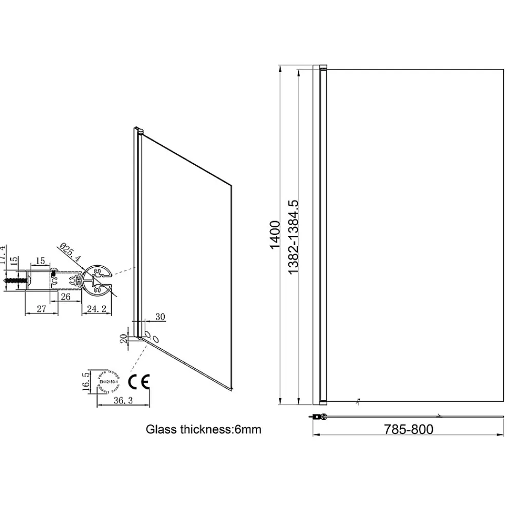 Essebagno Pare-Baignoire pivotant verre transparent anticalcaire et aluminium 80 x 140 noir