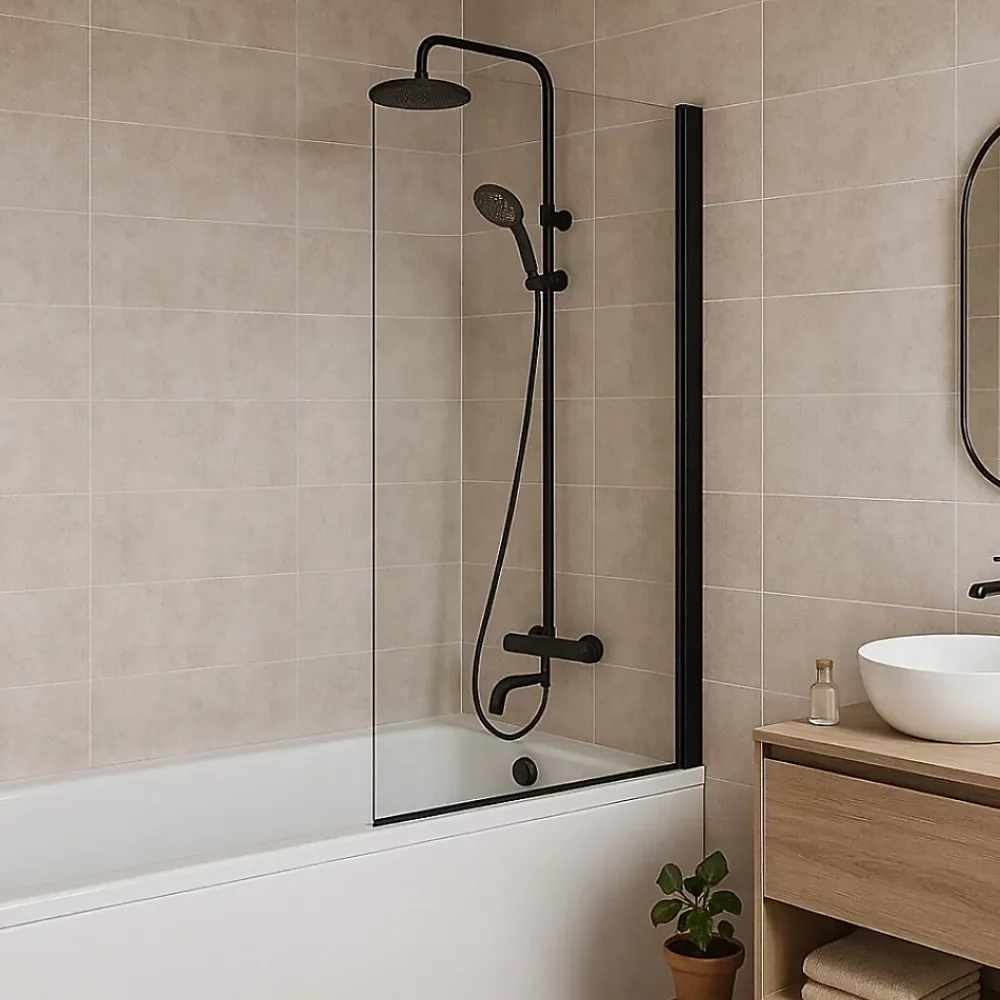Essebagno Pare-Baignoire pivotant verre transparent anticalcaire et aluminium 80 x 140 noir