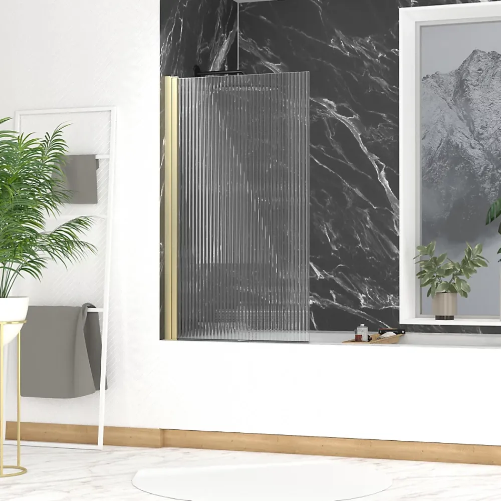 Galedo Pare-baignoire rabattable 140 x 80 cm, profilés alu doré, verre ondulé, Wave