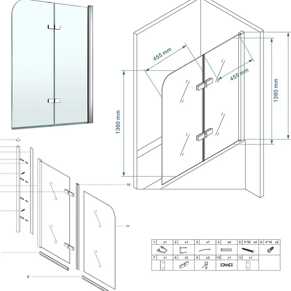 Saniverre Pare-baignoire rabattable BALY en verre 6 mm transparent 100 x 140 cm