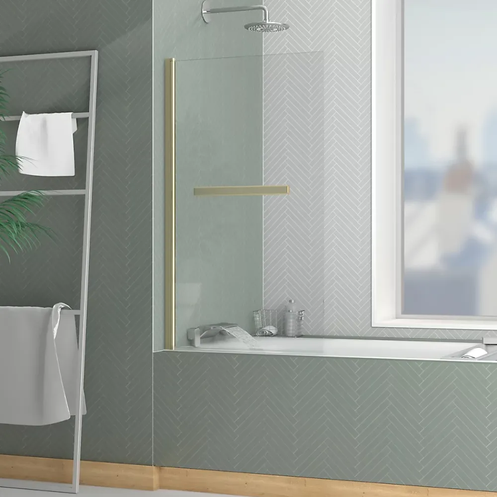 Galedo Pare-baignoire rabattable 120 x 70 cm, profilés alu doré brossé, porte-serviette, Essentiel