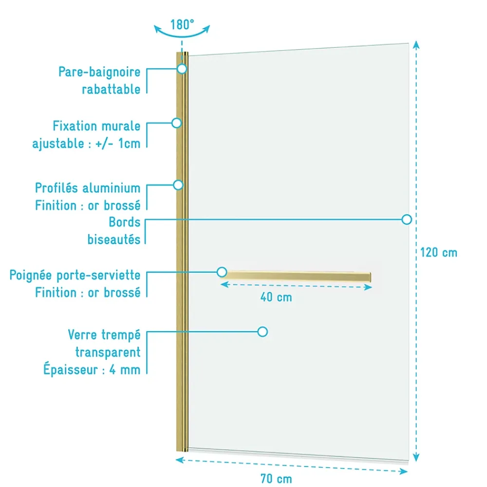 Galedo Pare-baignoire rabattable 120 x 70 cm, profilés alu doré brossé, porte-serviette, Essentiel